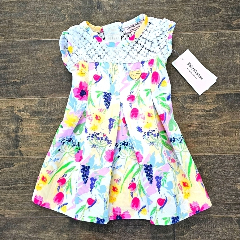 New Juicy Couture Baby Girl's Dress Pink, Yellow, Blue & Purple Floral Pattern